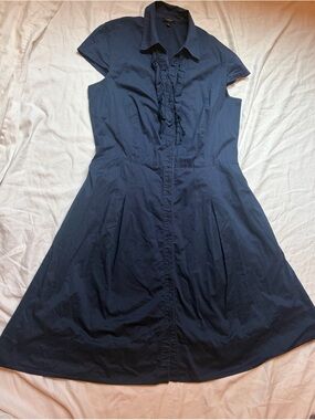 Talbots Navy Ruffle-Front Midi Shirt Dress